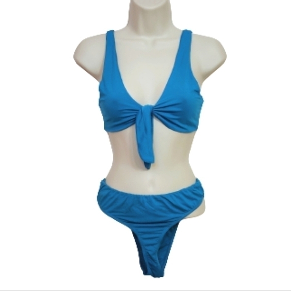 Aqua Blue Bikini Swimsuit Large Front Tie High Leg - Picture 1 of 12